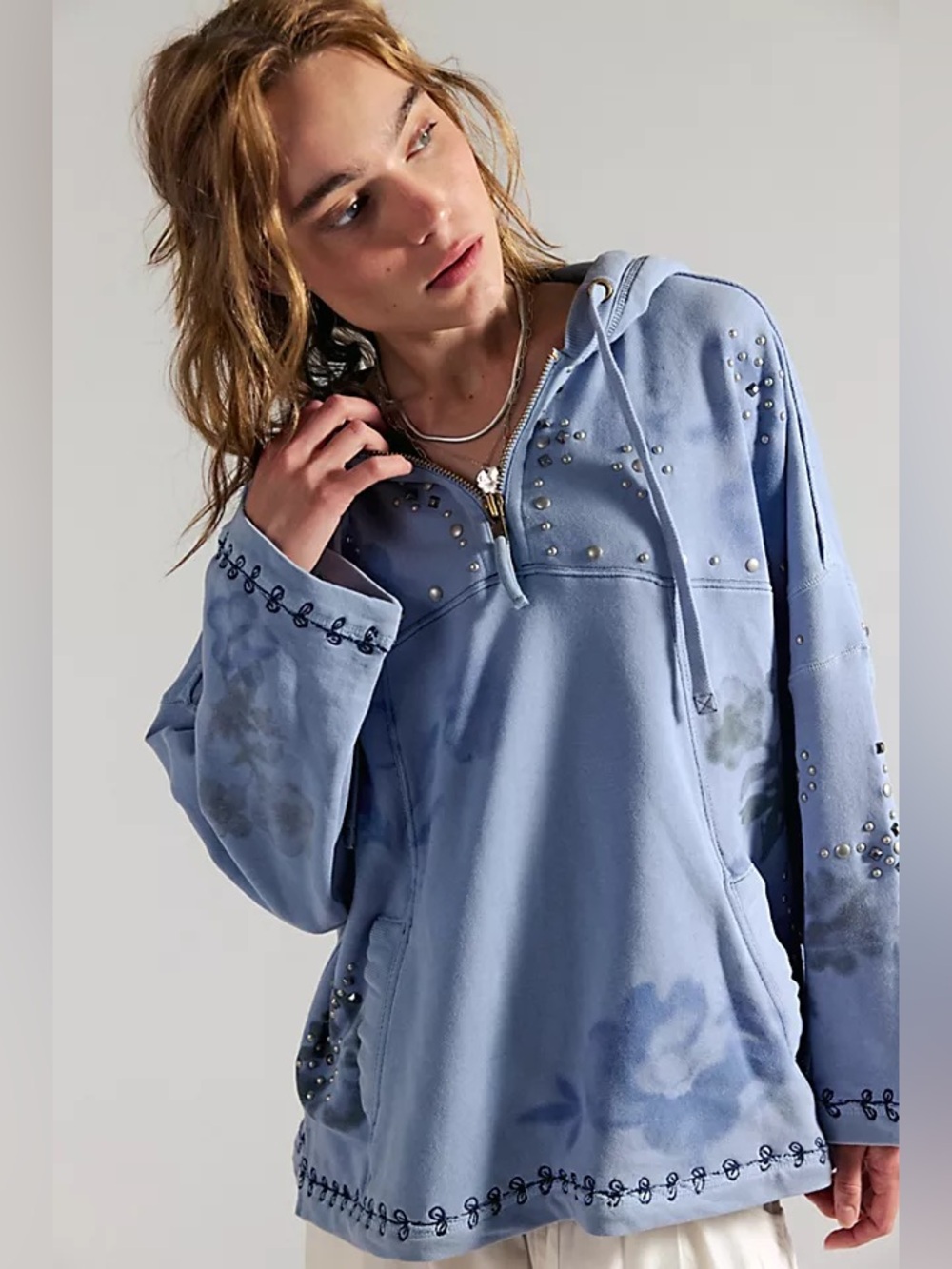 Free People Silver Half Zip Hoodie Blue Small